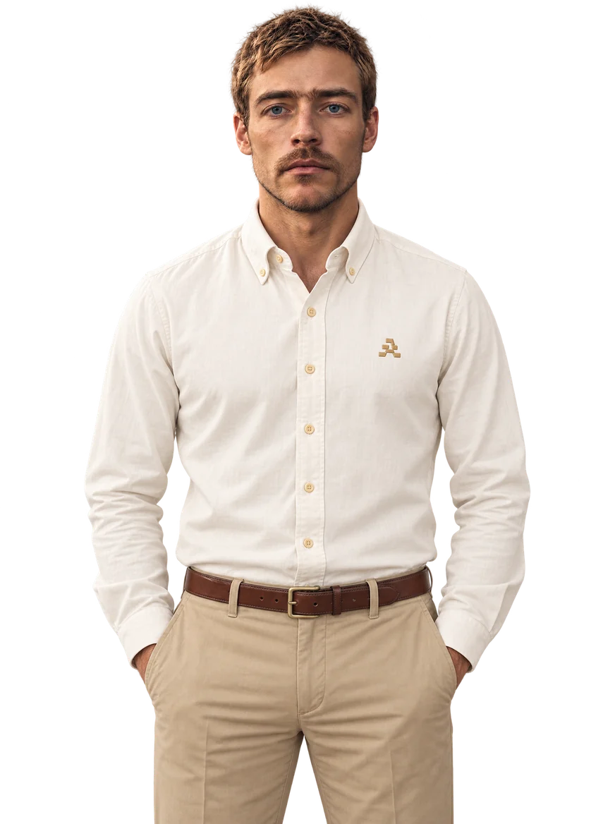 Sam, AI employee, in a cream shirt and khaki trousers.