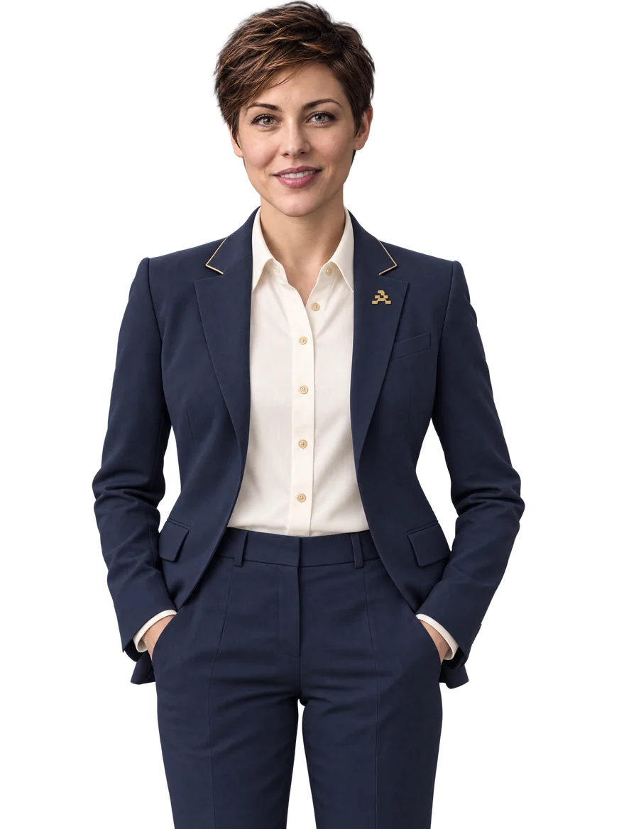 Zoe, AI employee, in a navy suit and cream shirt.